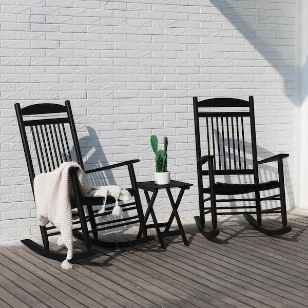 3-Piece Black Wood Patio Outdoor Rocking Chair Set