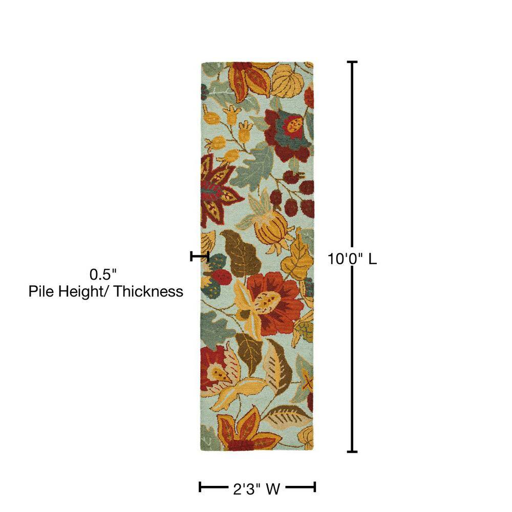 Blossom Blue and Multicolor Wool Floral Runner Rug, 2'3" x 10'