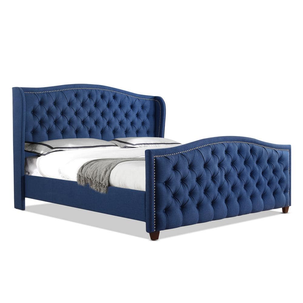 Marcella King-Size Dark Sapphire Blue Tufted Wingback Bed with Nailhead Trim
