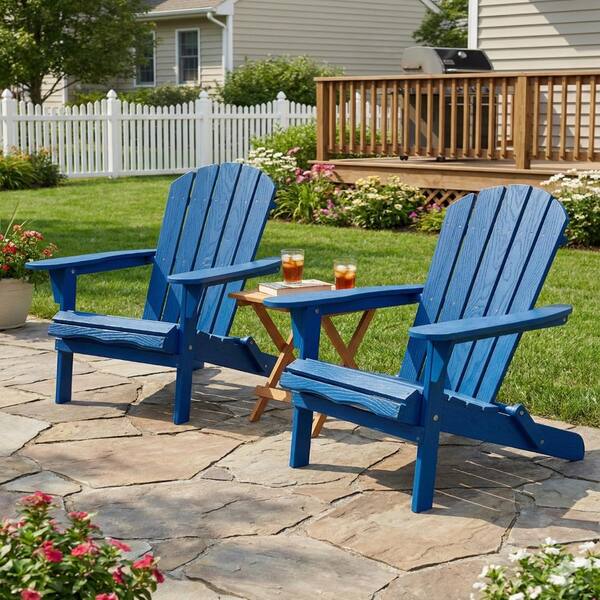 Navy Blue Solid Wood Outdoor Folding Adirondack Chair Set(2-Pack