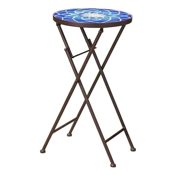 Unbranded Outdoor Folding Accent Table with Glass Top and Iron Frame, White and Blue