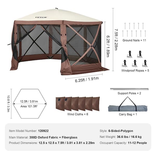 VEVOR 12.5 ft. x 12.5 ft. Pop Up Gazebo Tent Pop-Up Screen Tent 6-Sided Canopy Sun Shelter with Removable Privacy Wind Cloths ZPSLTZS125X1X8KS1V0 VEVOR 12.5 ft. x 12.5 ft. Pop Up Gazebo Tent Pop-Up Screen Tent 6-Sided Canopy Sun Shelter with Removable Privacy Wind Cloths ZPSLTZS125X1X8KS1V0