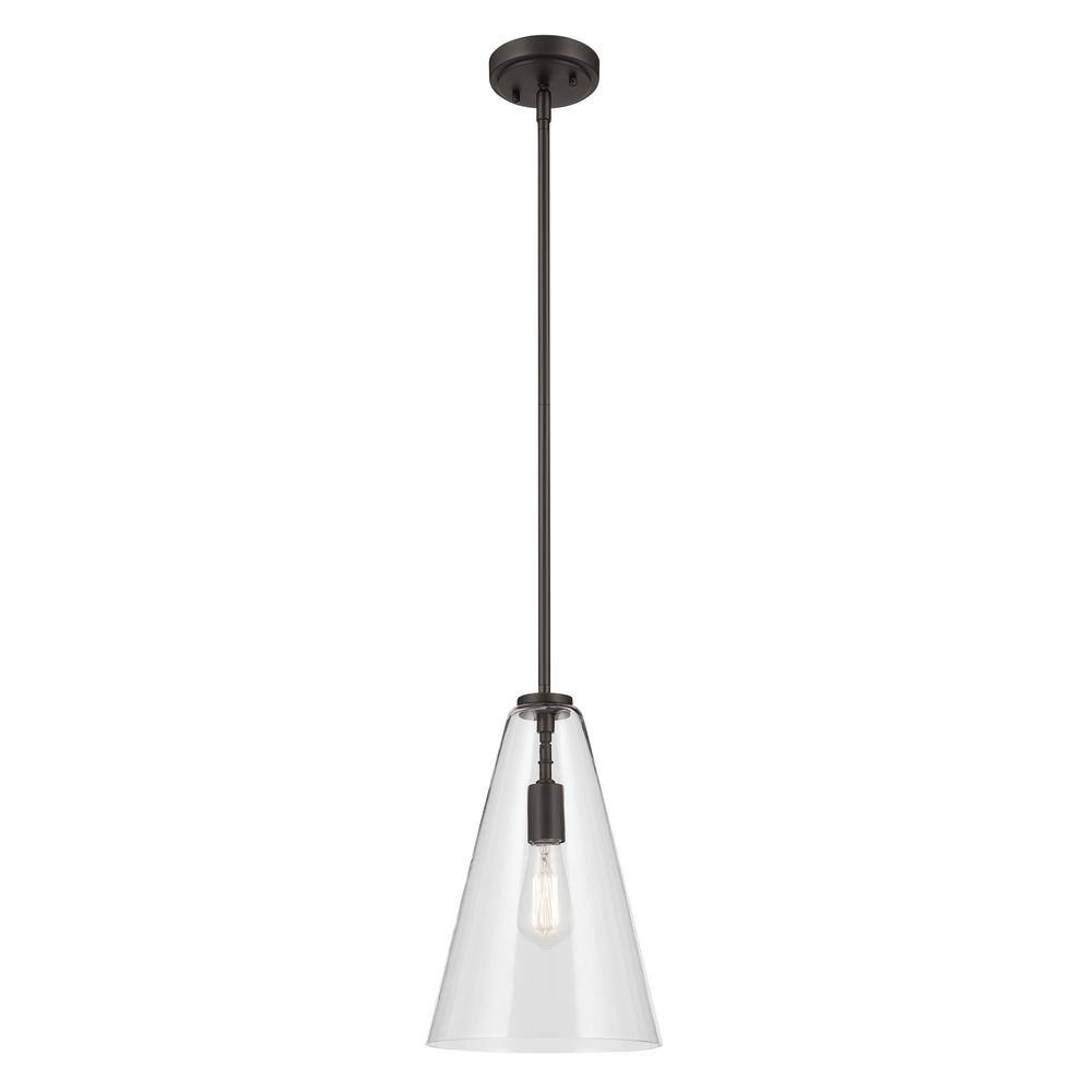 KICHLER Everly 10.25 in. 1-Light Olde Bronze Modern Shaded Cone Kitchen Hanging Pendant Light with Clear Glass