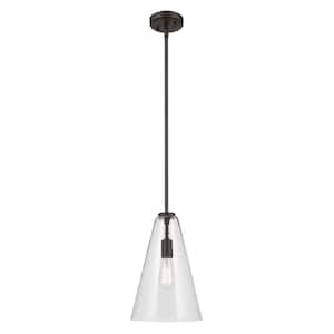 Everly 10.25 in. 1-Light Olde Bronze Modern Shaded Cone Kitchen Hanging Pendant Light with Clear Glass