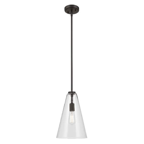 KICHLER Everly 10.25 in. 1-Light Olde Bronze Modern Shaded Cone Kitchen Hanging Pendant Light with Clear Glass