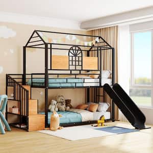 Black Twin Over Twin Metal House Bunk Bed with Black Slide, Storage Stair and Bedside Shelf