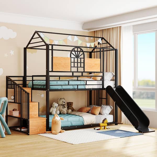 Harper & Bright Designs Black Twin Over Twin Metal House Bunk Bed with Black Slide, Storage Stair and Bedside Shelf