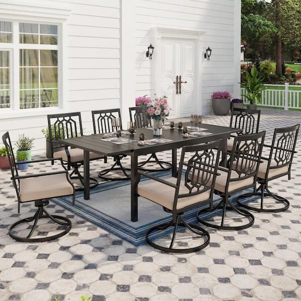 PHI VILLA Black 9-Piece Metal Patio Outdoor Dining Set with Expandable Table and Swivel Chairs with Beige Cushions