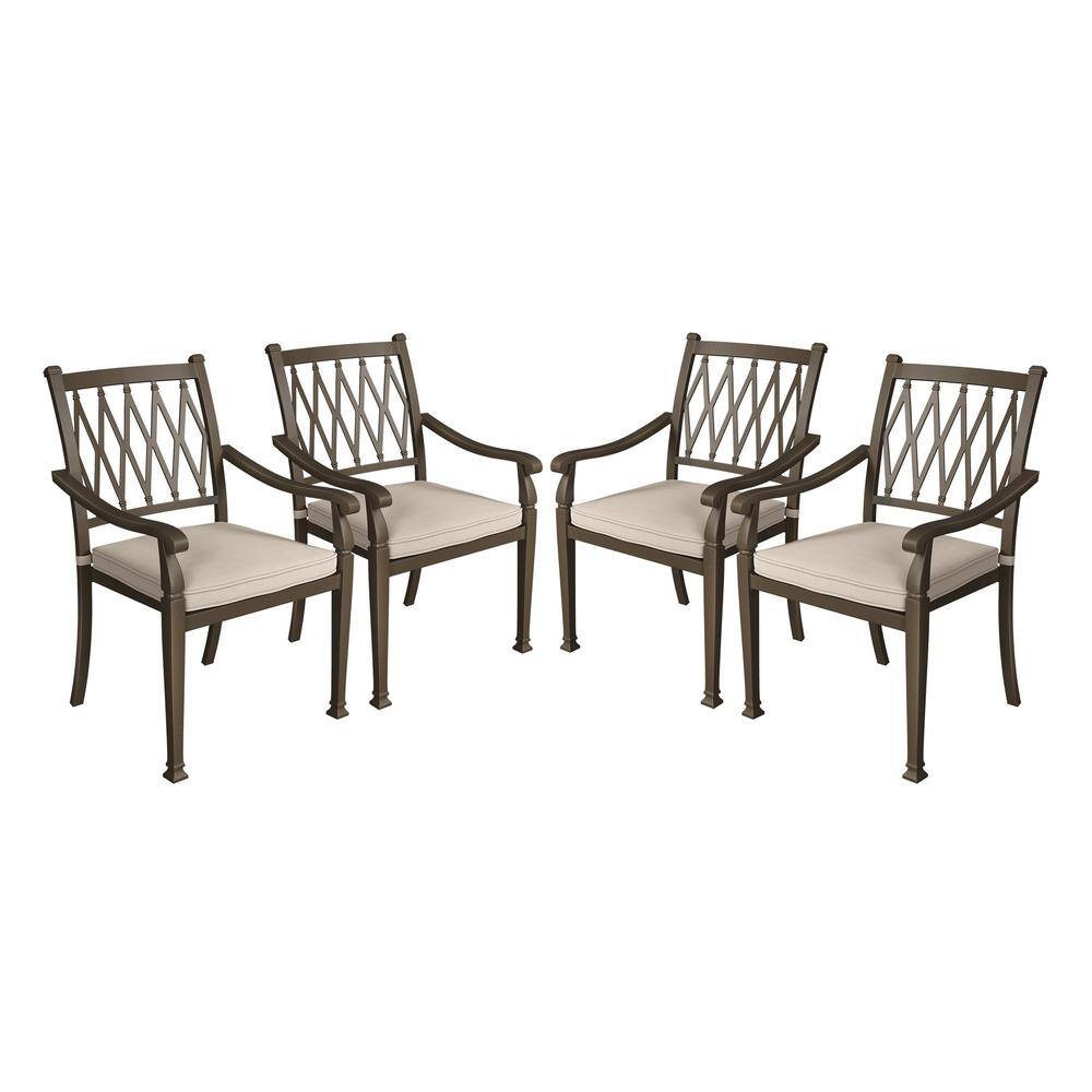 Beige Cushioned Cast Aluminum Outdoor Dining Chairs, Set of 4
