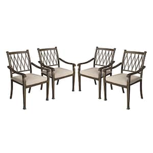 Brown Cast Aluminum Metal Outdoor Patio Stackable Rural Style Dining Chair with Beige Cushion for Yard Gazebo (4-Pack)