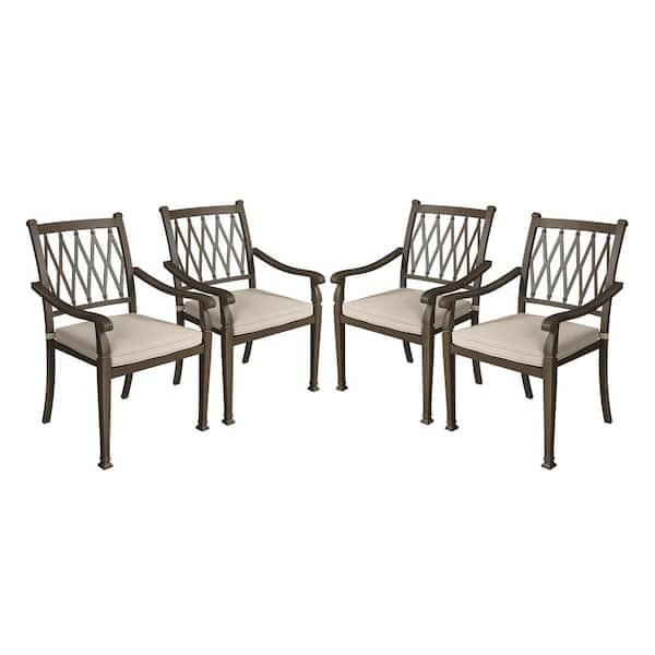 Mondawe Brown Cast Aluminum Metal Outdoor Patio Stackable Rural Style Dining Chair with Beige Cushion for Yard Gazebo (4-Pack)
