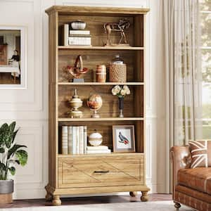 Eulas 71in. Tall Brown Wood 6-Shelf Bookcase with Drawer, Bookshelf Large Open Display Storage for Living Room