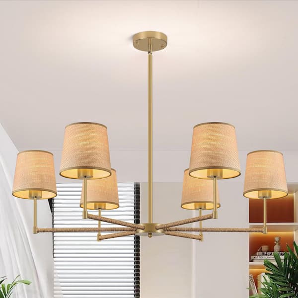 6-Light Gold Bohemian Farmhouse Chandelier with Rattan Light Shades
