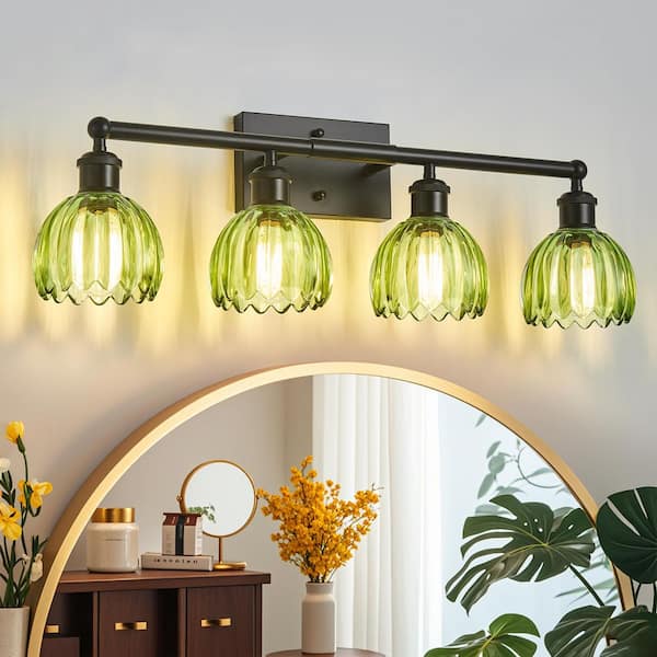 27 in. 4-Light Modern Black Bathroom Vanity Light with Green Tulip Glass Shade