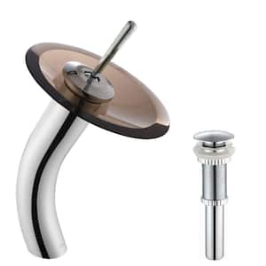 Single Handle Waterfall Bathroom Vessel Sink Faucet in Polished Chrome with Glass Disk in Brown