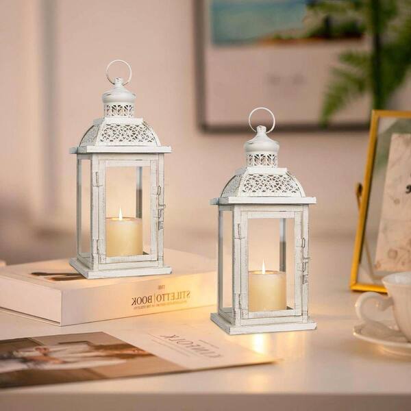 14.4 in. x 5.5 in. Beige White Metal Vintage Lantern without