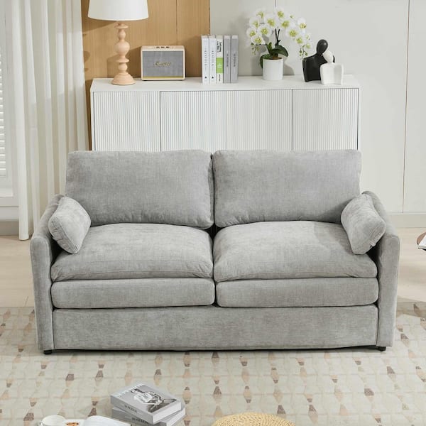 68.1 in. Rolled Arm Chenille Rectangle with Double Cushion Sofa in LIGHT GREY
