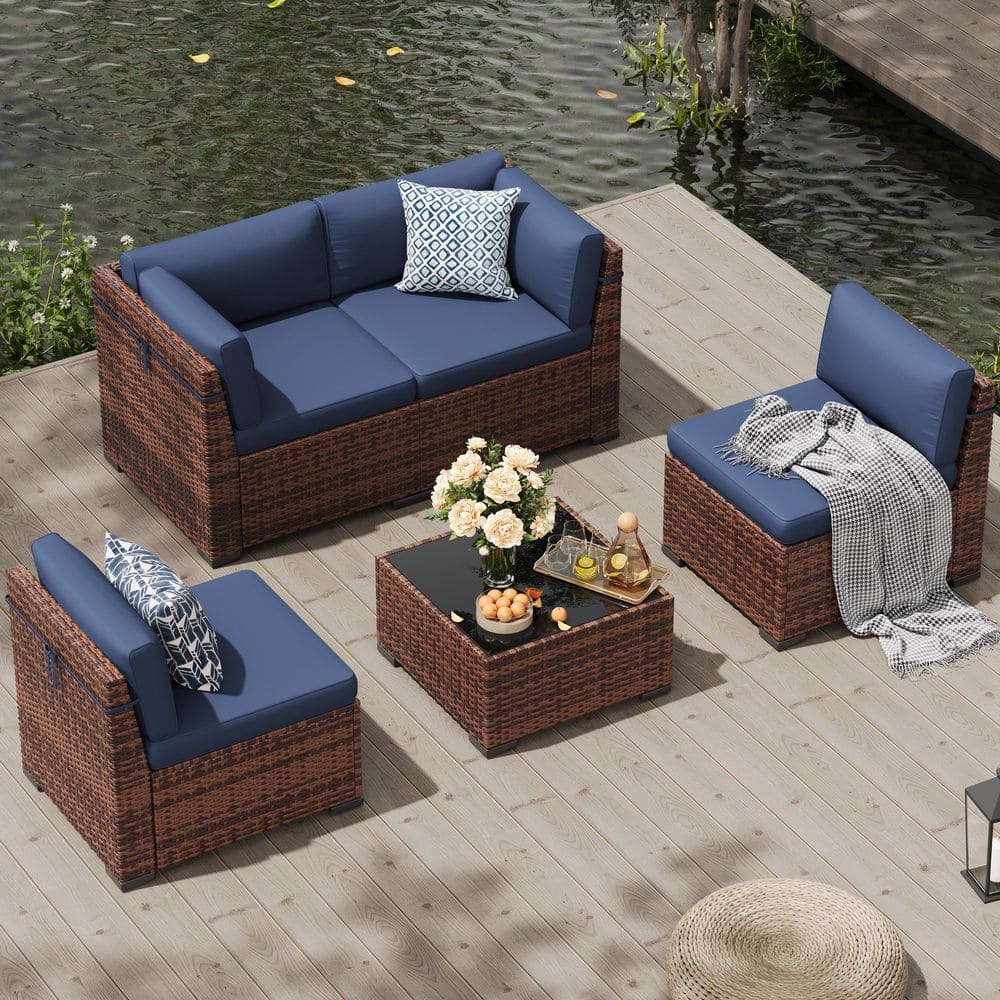 5-Pieces Brown Wicker Patio Conversation Set with Navy Cushions price history on PriceWatchPro