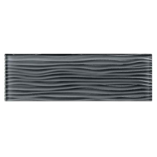 Enchant Parade Devon Dark Gray Glossy 4 in. x 12 in. Glass Textured Subway Wall Tile Sample