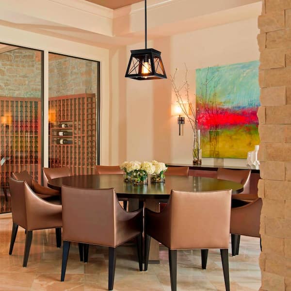 1-Light Matte Black Pendant with Geometric Metal Cage