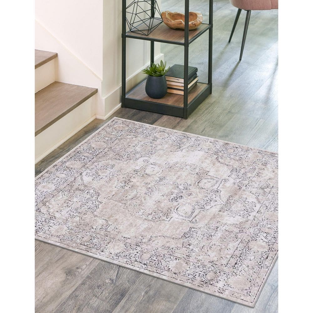 Modern Elegance Ivory & Gray Square Synthetic Area Rug, 4' x 4'
