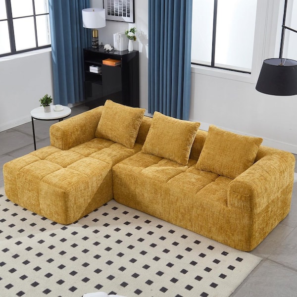 HOMEFUN 98 in. Square Arm 3-piece L Shaped Chenille Modular Deep Seat Sectional Sofa Couch in. Yellow with Chaise