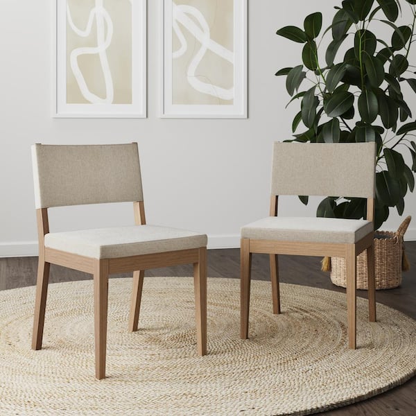 Nathan James Linus 19 in. Modern Upholstered Dining Chair with Solid Wood Wire-Brushed Legs, Natural Flax/Brown, Set of 2