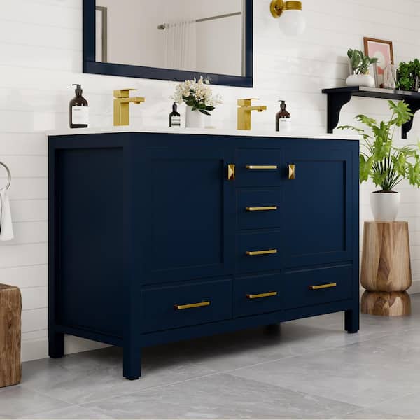 Eviva London 48 in. Double Sink Blue Bath Vanity with White