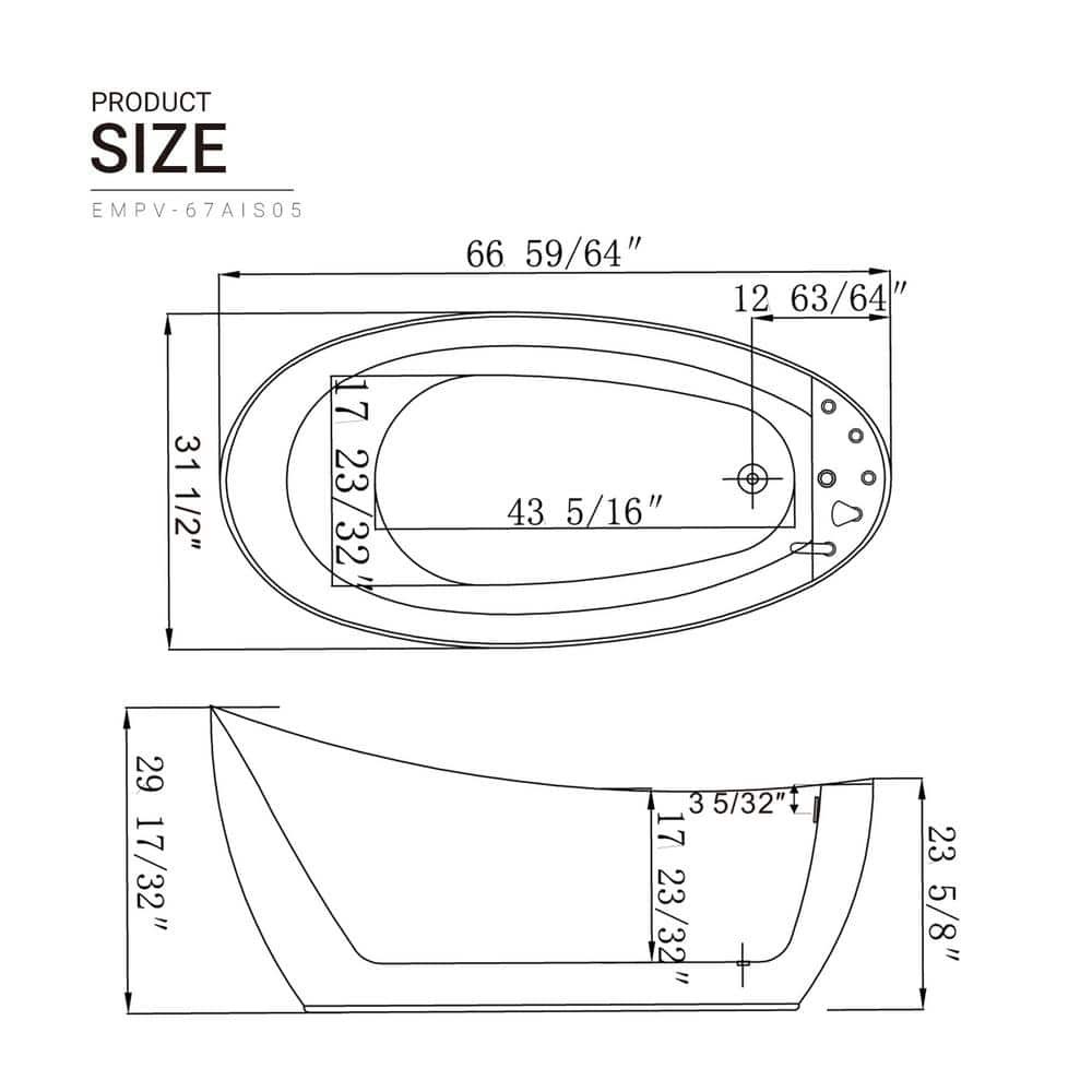 67'' White Freestanding Acrylic Whirlpool Bathtub with Faucet