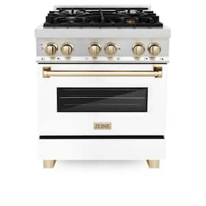 Autograph Edition 30 in. 4 Burner Dual Fuel Range in Stainless Steel, White Matte and Polished Gold