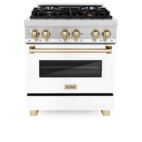 Autograph Edition 30 in. 4 Burner Dual Fuel Range in Stainless Steel, White Matte and Polished Gold