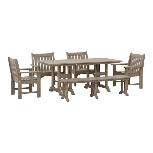 Laguna 6-Piece Poly Plastic Outdoor Patio Rectangle Trestle Table Dining Set w/ Bench & Garden Armchairs Weathered Wood