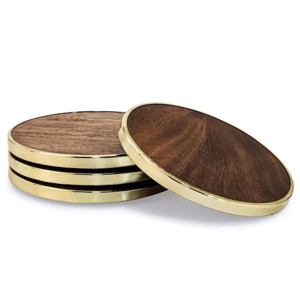 Mascot Hardware 4-Piece Hammered Brass Wood Coaster Set CTR019 - The Home  Depot