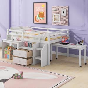 White Full Size Wood Low Loft Bed with Built-in Desk, 2-Drawer and Movable Desk