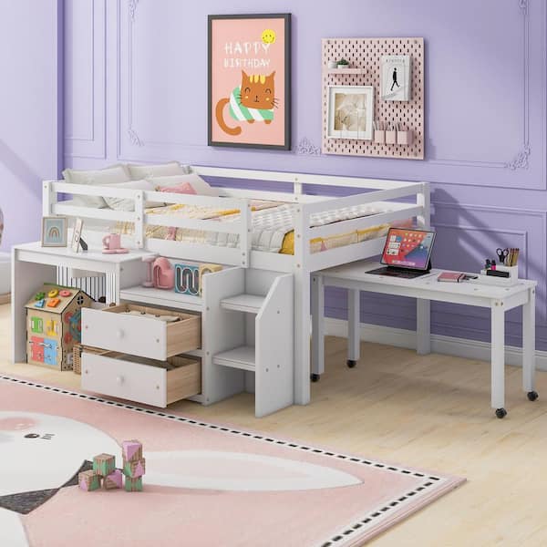 Harper & Bright Designs White Full Size Wood Low Loft Bed with Built-in Desk, 2-Drawer and Movable Desk