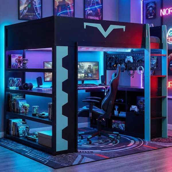 Blue Full Size Wood Gaming Loft Bed with Desk, Keyboard Tray, RGB LED Lights, Power Outlet, Bookshelf, Drawer