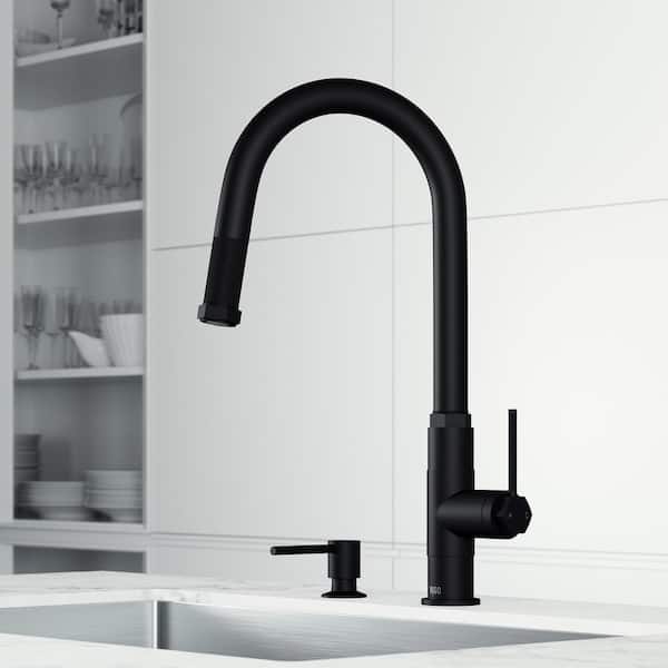 VIGO Hart Arched Single Handle Pull-Down Spout Kitchen Faucet Set with Soap Dispenser in Matte Black