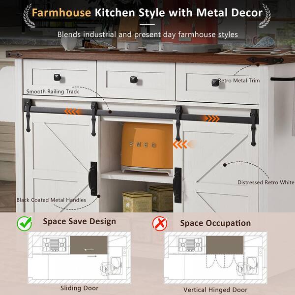 Xzkai White Wood 54 in. Kitchen Island with 5 Wheels and 3
