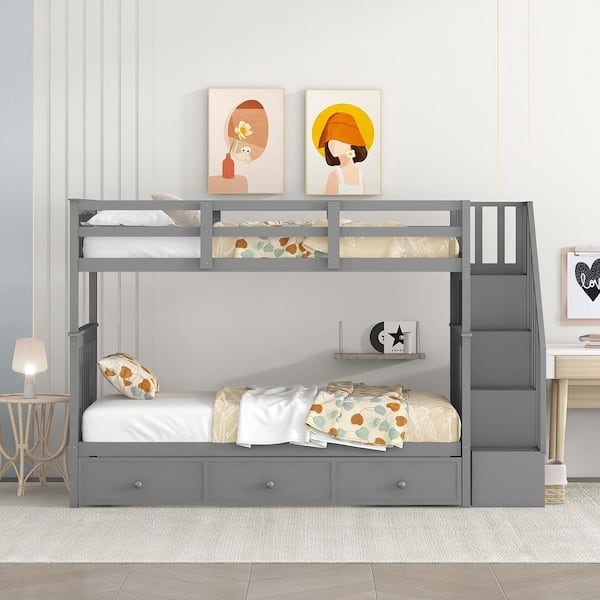 URTR Modern Wooden Gray Twin Over Twin Size Bunk Beds with Trundle