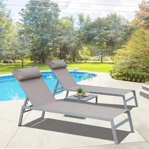3-Pieces Khaki Adjustable Backrest Pool Lounge Chairs Steel Textilene Sunbathing Recliner with Headrest