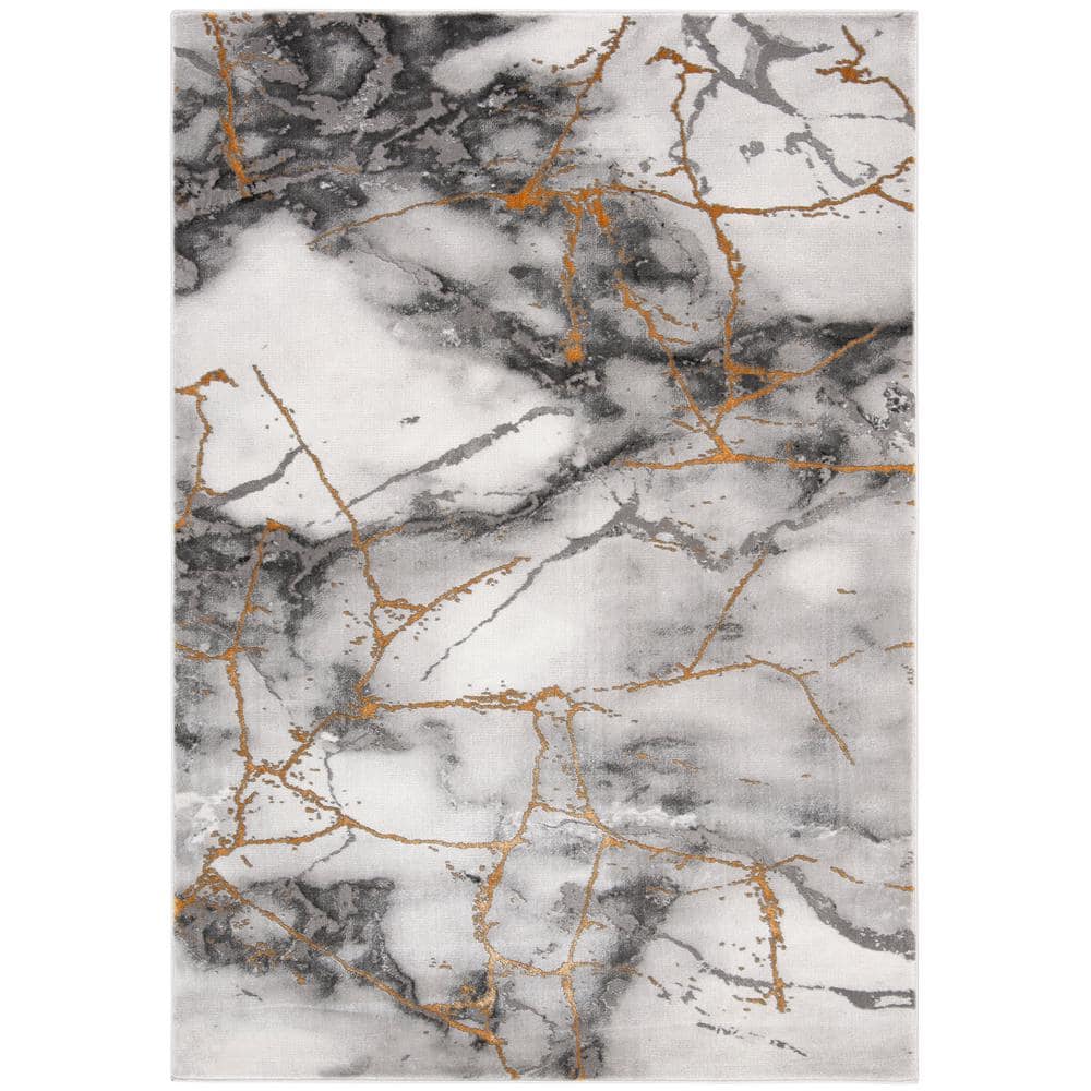 Gray and Gold Abstract Synthetic Round Area Rug