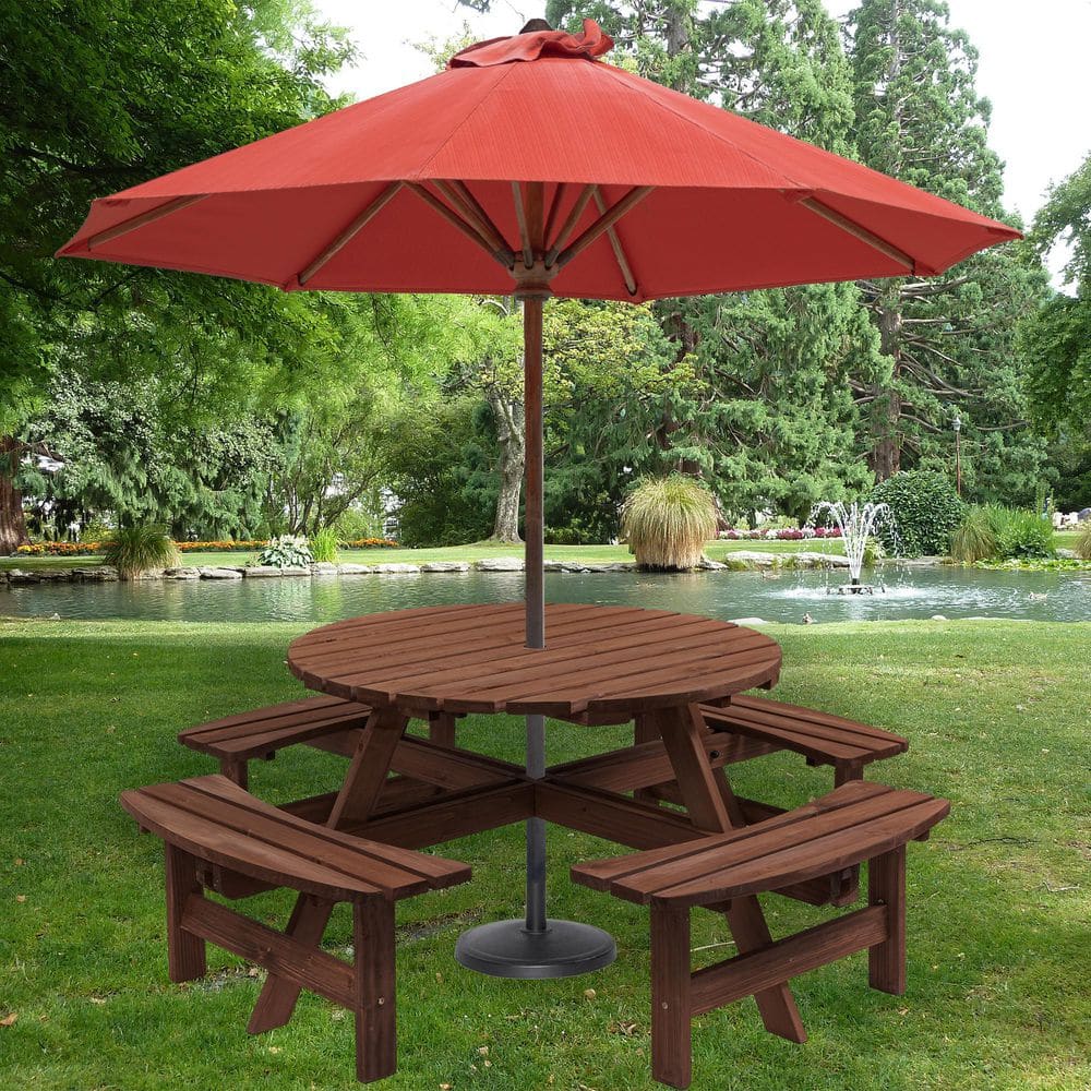 Daheat 70 in. Brown Round 8-Person Wood Outdoor Picnic Tables 2220 lbs. Seating Capacity w/4 Built-in Benches and Umbrella Hole PW-X2204