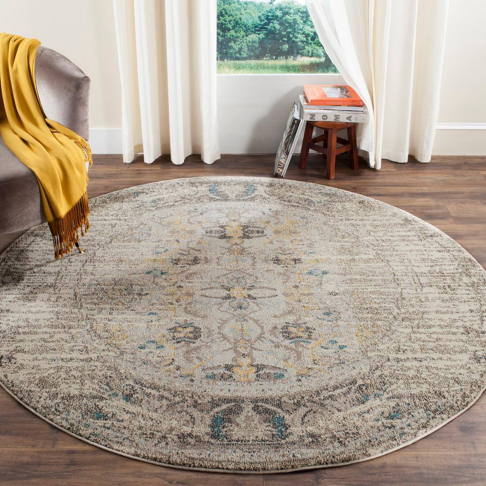 Elsdon 9' Round Grey Floral Synthetic Area Rug