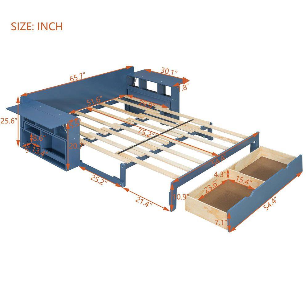 White Queen Size Daybed Convertible Platform bed with Removable Desk, Storage Drawer, Hydraulic Side Table - thumbnail 2