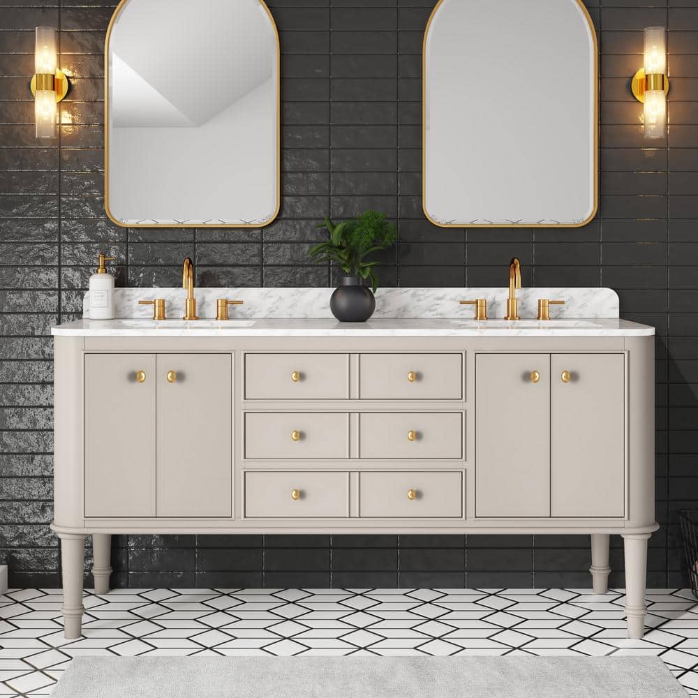 Collette 72 in. Double Sink Greige Bath Vanity with Carrara White Marble To