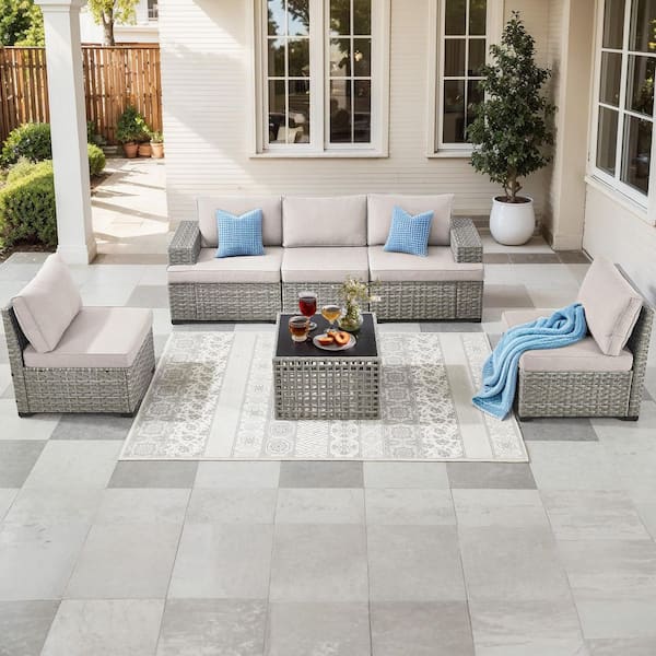 6-Piece Gray Wicker Widen Armrests Patio Outdoor Sectional Furniture Set, Coffee Table with Beige Cushions