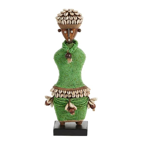Litton Lane Small Hand-Crafted Pine Wood, Cowrie Shells, Green Beads and Kente Cloth African Woman Namji Doll