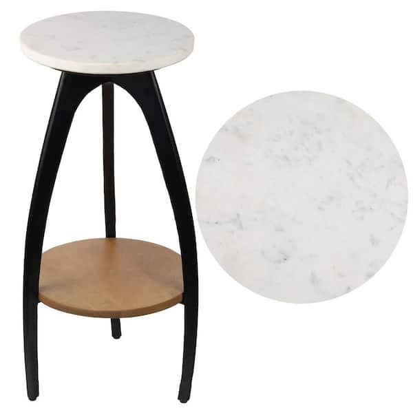 Ollie 11.75 in. Designer Farmhouse Metal Tripod Drink Table with Marble Round Top and Wood Undershelf, Black/Natural