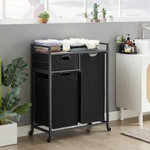 Brown 1-Drawer Particle Board Laundry Basket with Wheel or Adjustable Feet, Laundry Hamper with Removable 2-Bags