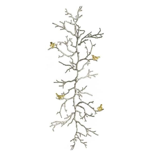 Silver 13.4 in. x 5.5 in. Branch Aluminum Metal Wall Decor with Gold Accented 4-Birds